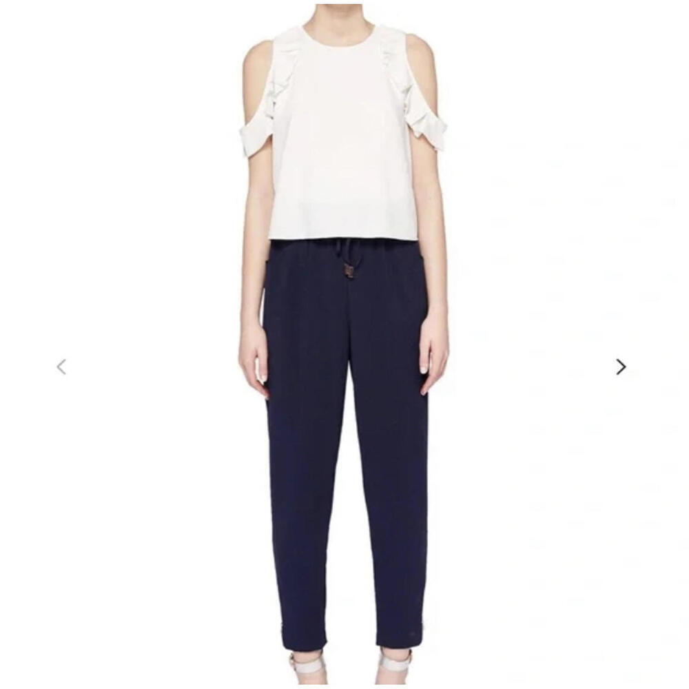 TED BAKER white navy cold shoulder ruffle jumpsuit sz 4